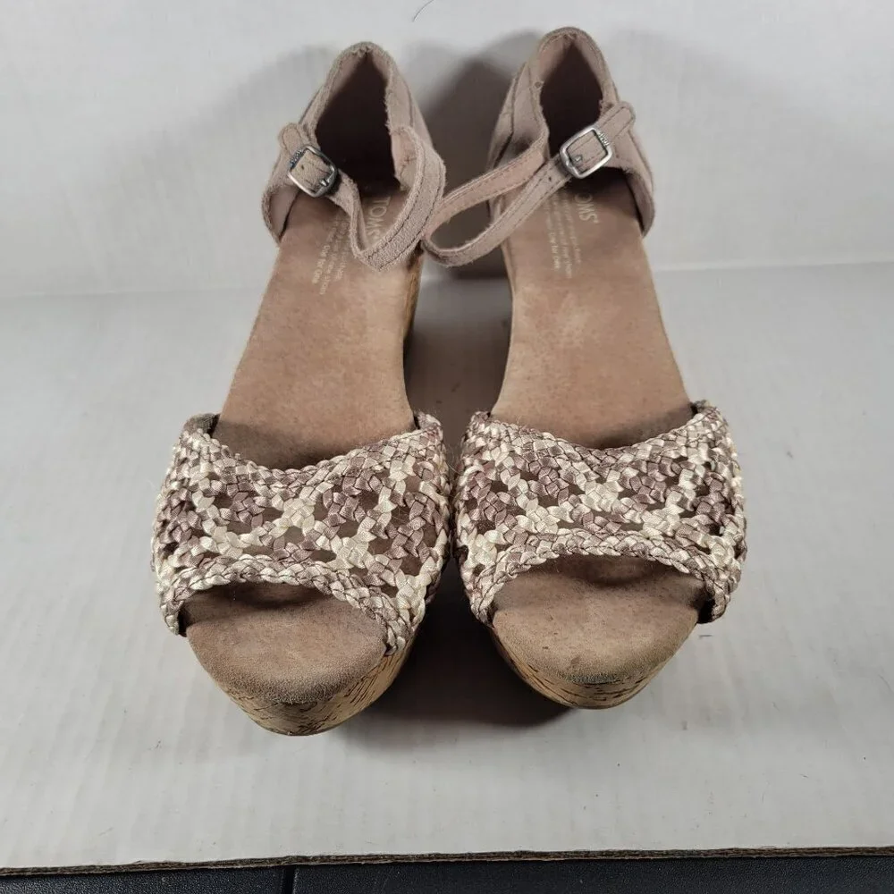 Toms Woman Stucco Satin Woven Peep Toe Platform Cork 2.5